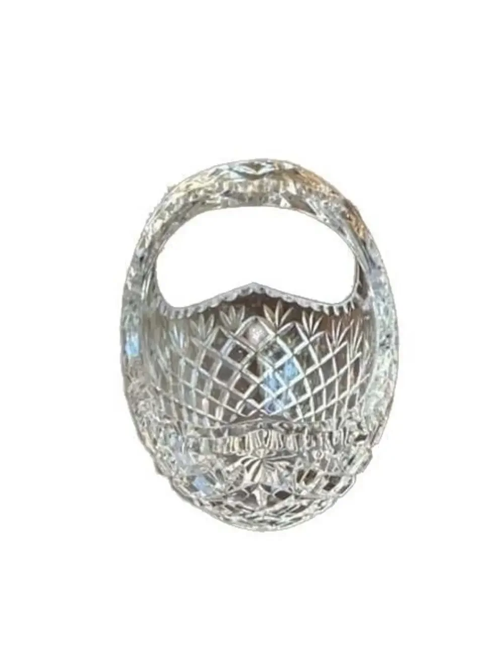 Vintage Cut Crystal Glass Basket with Starburst Pattern and Handle 8” Across